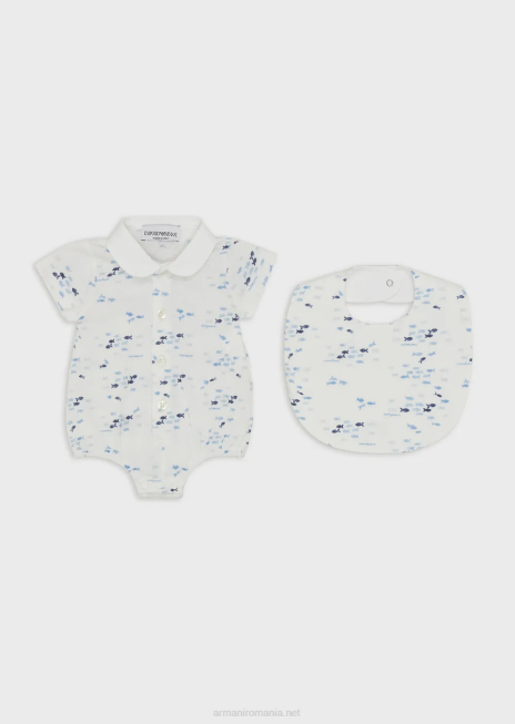 băiat R802G2700 set cadou de salopetă și bavetă cu imprimeu de pește mic Armani model