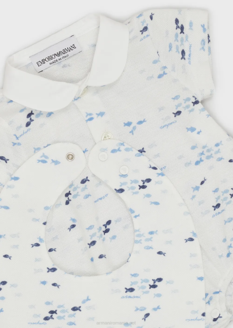 băiat R802G2700 set cadou de salopetă și bavetă cu imprimeu de pește mic Armani model