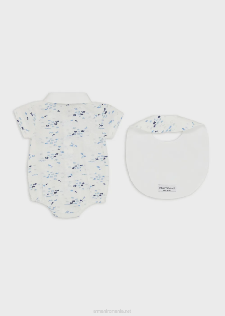 băiat R802G2700 set cadou de salopetă și bavetă cu imprimeu de pește mic Armani model