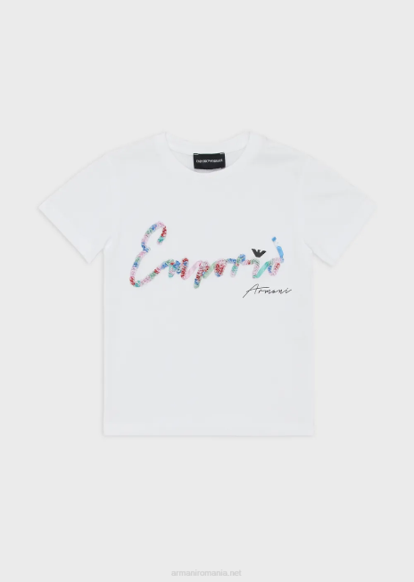 fată R802G2563 tricou din jerseu organic cu logo-ul semnăturii cu paiete Armani alb