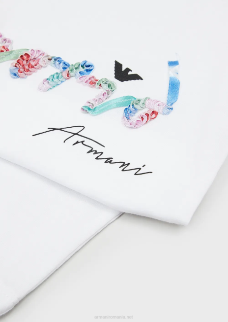 fată R802G2563 tricou din jerseu organic cu logo-ul semnăturii cu paiete Armani alb