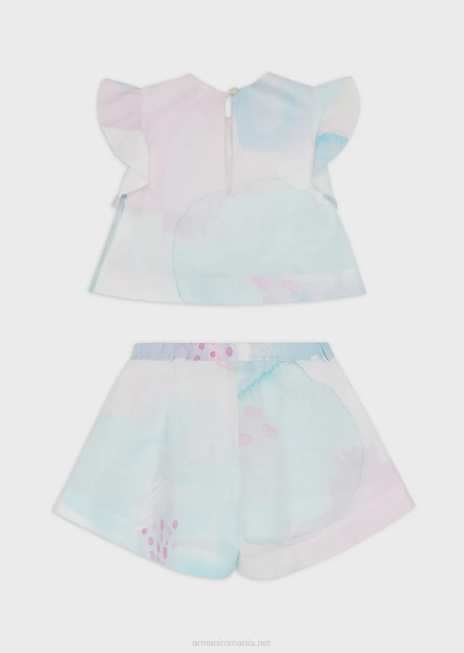 fată R802G2652 Set de top și pantaloni scurți din popelin cu imprimeu floral în acuarelă Armani model