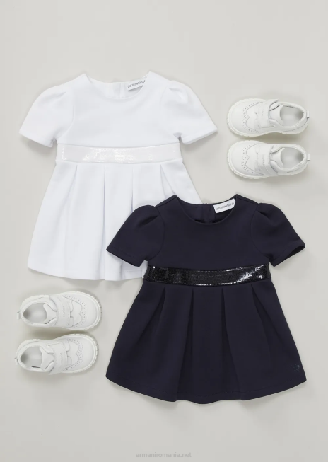 fată R802G2664 rochie din fleece din jerseu din amestec de bumbac, cu talie cu strass Armani alb