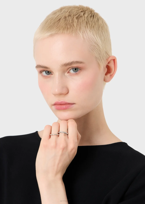 femei R802G852 Set de inele cu bandă din oțel inoxidabil în nuanță de aur roz și două nuanțe Armani argint