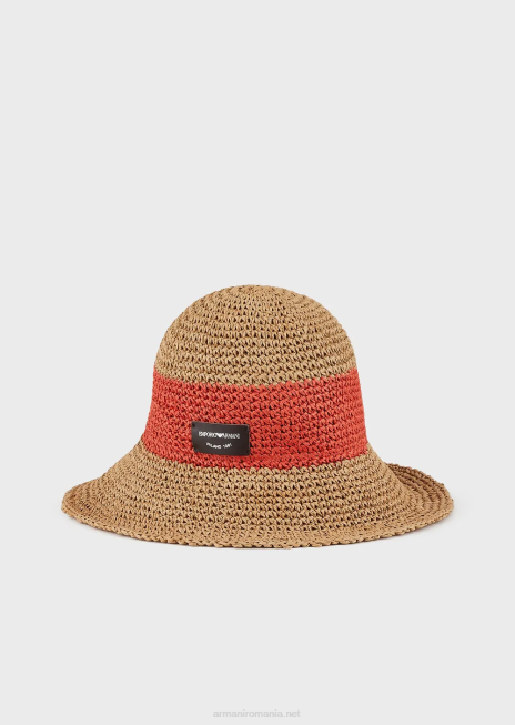 femei R802G772 pălărie din rafie țesătă cu plasture cu logo Armani portocale