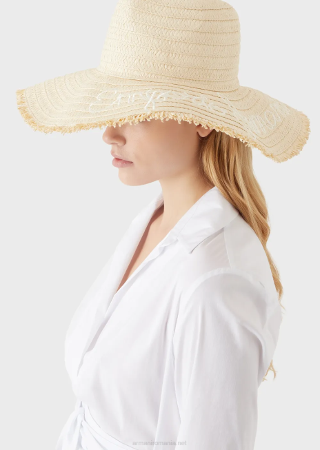 femei R802G774 pălărie de plajă din fire de hârtie cu logo brodat Armani