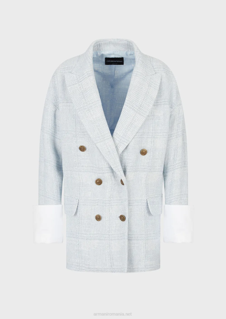 femei R802G2740 blazer supradimensionat, cu piept dublu, într-un amestec de in și cânepă în carouri prințul de Wales Armani azur