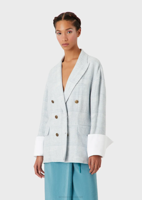 femei R802G2740 blazer supradimensionat, cu piept dublu, într-un amestec de in și cânepă în carouri prințul de Wales Armani azur