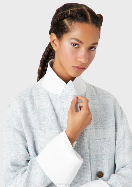 femei R802G2740 blazer supradimensionat, cu piept dublu, într-un amestec de in și cânepă în carouri prințul de Wales Armani azur