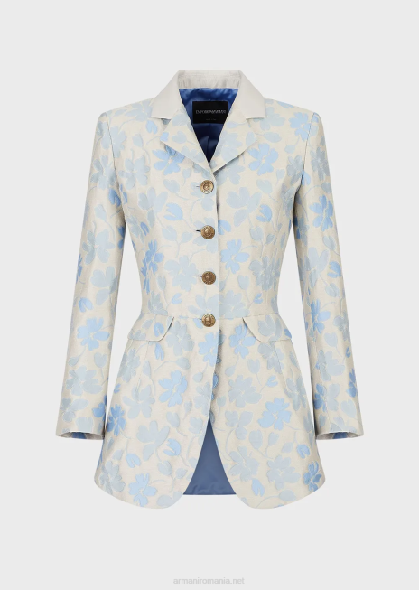 femei R802G2742 jachetă lungă evazată cu revere, cu un amestec de in jacquard floral Armani