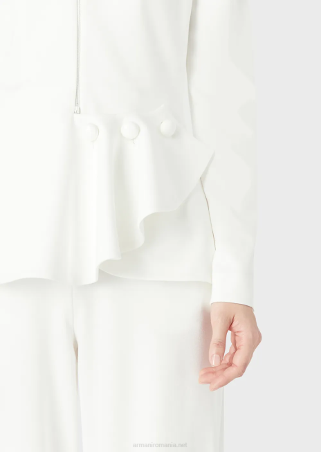 femei R802G38 jachetă cu fermoar și detaliu cu volane din țesătură cu cusături milano Armani alb