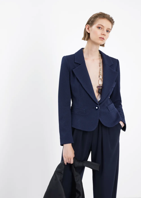 femei R802G39 jachetă cu un singur piept din jerseu cu motiv în relief 3d Armani albastru marin