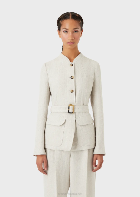 femei R802G51 geacă cu guler guru cu curea din in micro chevron Armani bej