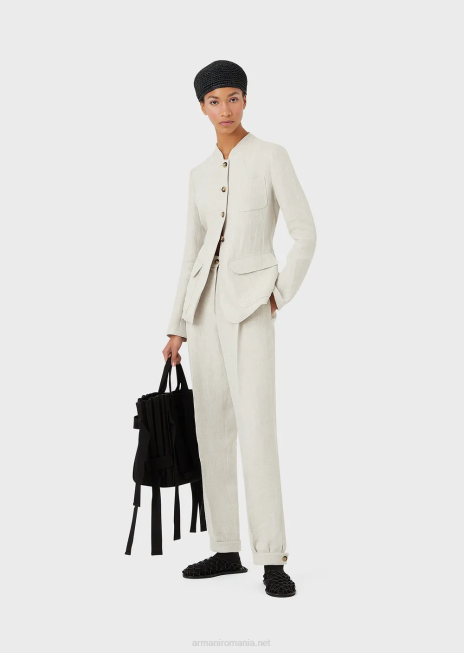 femei R802G51 geacă cu guler guru cu curea din in micro chevron Armani bej