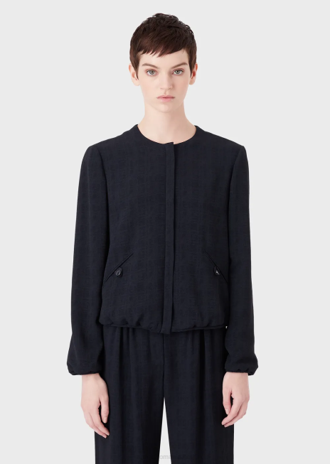 femei R802G58 geacă cu decolteu rotund cu fermoar din țesătură jacquard cu carouri degrade Armani albastru marin