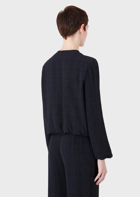 femei R802G58 geacă cu decolteu rotund cu fermoar din țesătură jacquard cu carouri degrade Armani albastru marin