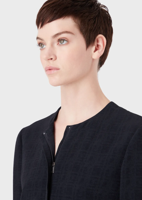 femei R802G58 geacă cu decolteu rotund cu fermoar din țesătură jacquard cu carouri degrade Armani albastru marin