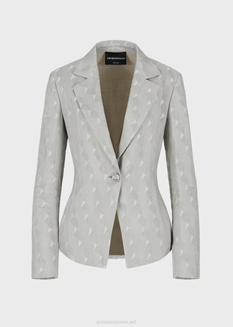 femei R802G62 jachetă cu un singur piept dintr-un jacquard fluid cupro și in amestec cu model geometric Armani gri