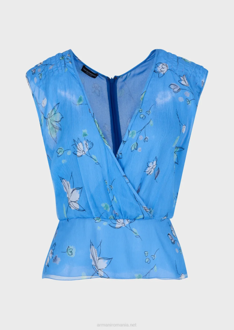 femei R802G357 Top din crepon de mătase cu model de flori stilizat, cu decolteu în V încrucișat Armani
