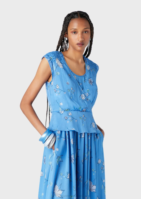 femei R802G357 Top din crepon de mătase cu model de flori stilizat, cu decolteu în V încrucișat Armani