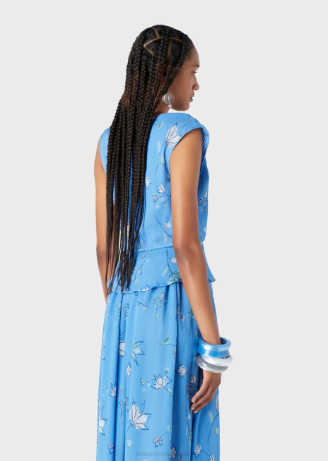 femei R802G357 Top din crepon de mătase cu model de flori stilizat, cu decolteu în V încrucișat Armani