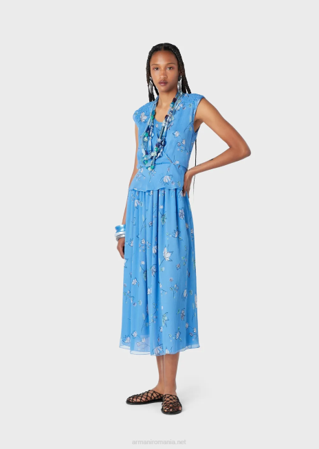 femei R802G357 Top din crepon de mătase cu model de flori stilizat, cu decolteu în V încrucișat Armani