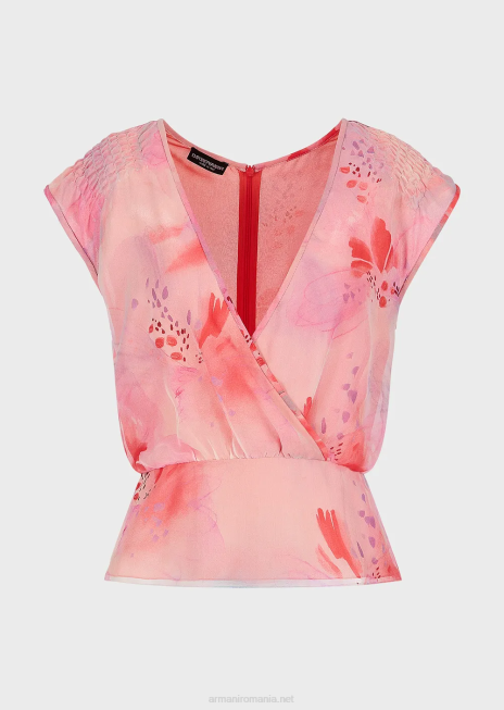 femei R802G358 top cu decolteu în V din șifon de mătase cu imprimeu floral Armani model