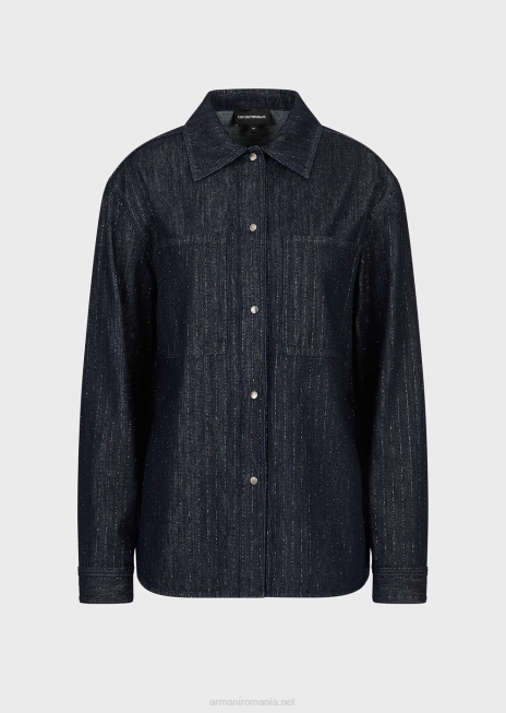 femei R802G360 cămașă din denim clătită cu dungi cu sclipici Armani blu navy