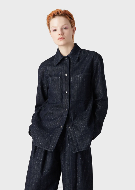 femei R802G360 cămașă din denim clătită cu dungi cu sclipici Armani blu navy