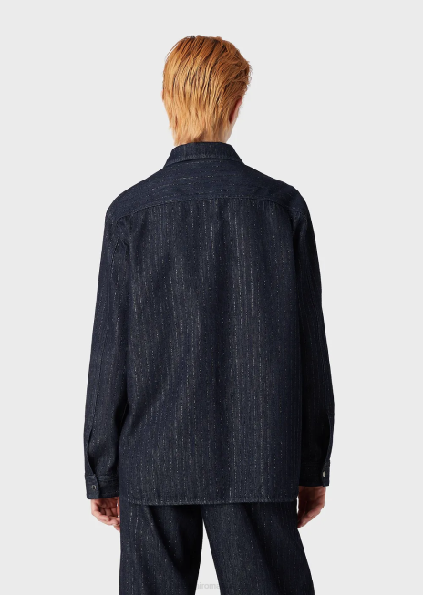 femei R802G360 cămașă din denim clătită cu dungi cu sclipici Armani blu navy