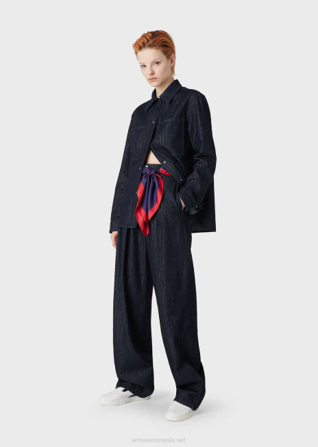 femei R802G360 cămașă din denim clătită cu dungi cu sclipici Armani blu navy