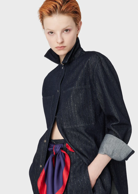 femei R802G360 cămașă din denim clătită cu dungi cu sclipici Armani blu navy