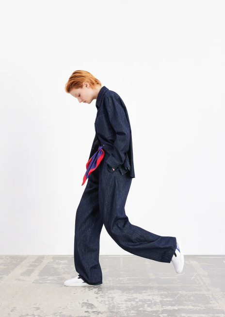 femei R802G360 cămașă din denim clătită cu dungi cu sclipici Armani blu navy