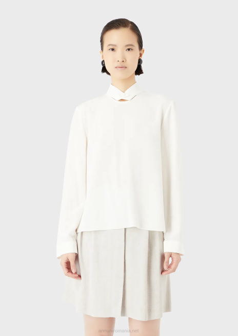 femei R802G375 bluză cu guler cu nasturi din crepe de chine de mătase pură Armani alb de mătase