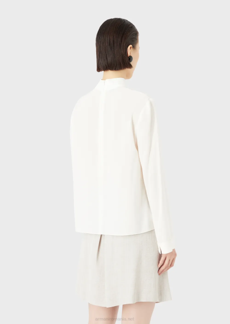 femei R802G375 bluză cu guler cu nasturi din crepe de chine de mătase pură Armani alb de mătase