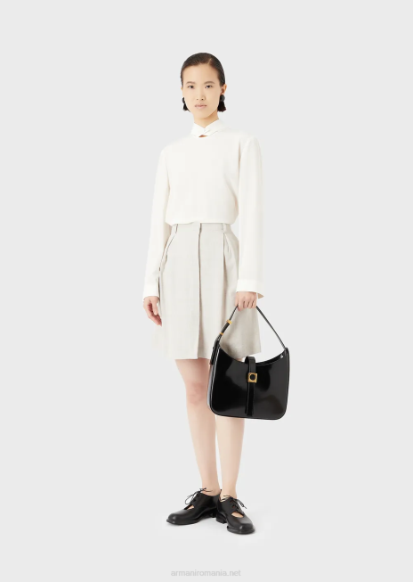 femei R802G375 bluză cu guler cu nasturi din crepe de chine de mătase pură Armani alb de mătase