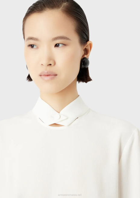 femei R802G375 bluză cu guler cu nasturi din crepe de chine de mătase pură Armani alb de mătase