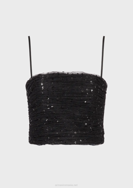 femei R802G376 top din tul cu broderie geometrică cu paiete Armani negru