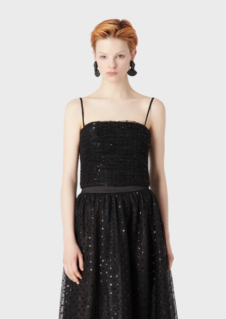 femei R802G376 top din tul cu broderie geometrică cu paiete Armani negru