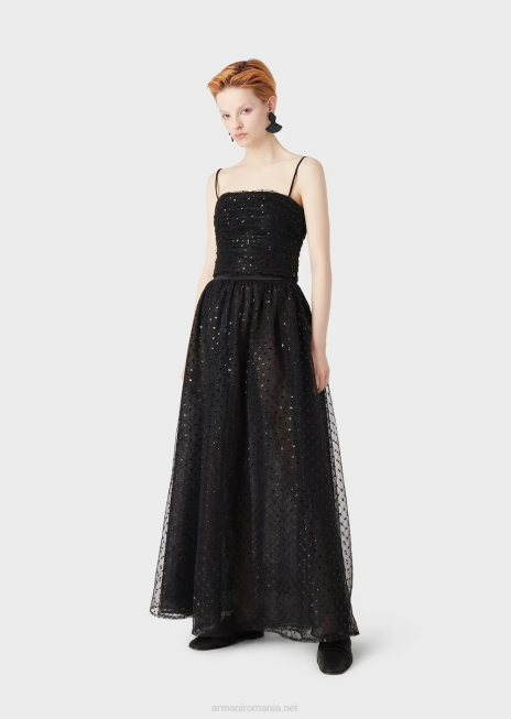 femei R802G376 top din tul cu broderie geometrică cu paiete Armani negru