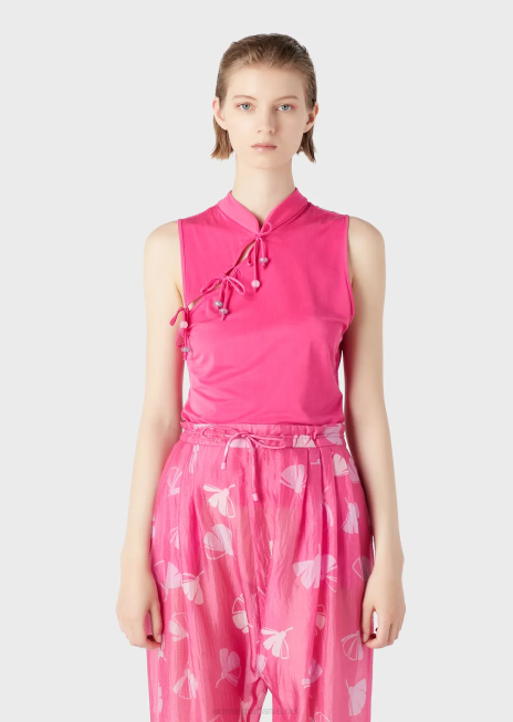 femei R802G380 Top cupro interlock cu guler guru, deschidere și legături Armani fucsie