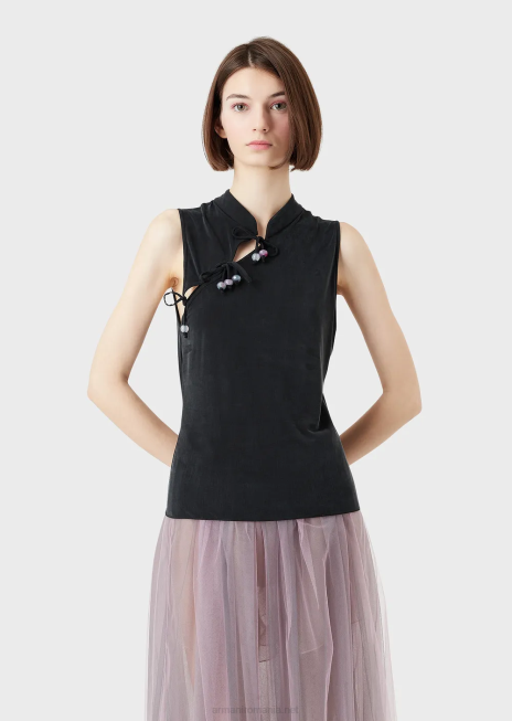 femei R802G381 Top cupro interlock cu guler guru, deschidere și legături Armani negru