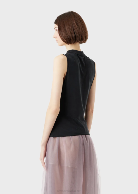 femei R802G381 Top cupro interlock cu guler guru, deschidere și legături Armani negru