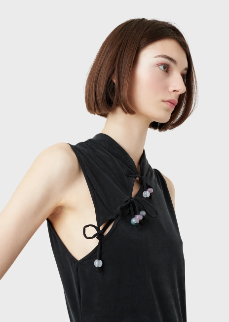 femei R802G381 Top cupro interlock cu guler guru, deschidere și legături Armani negru