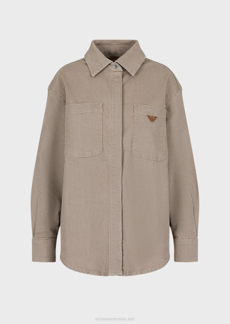 femei R802G393 cămașă din denim organic cu vopsea naturală, cu buzunare plasate Armani bej