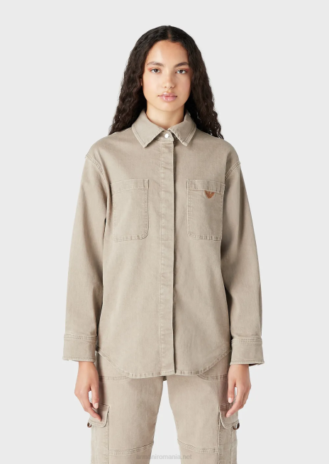 femei R802G393 cămașă din denim organic cu vopsea naturală, cu buzunare plasate Armani bej