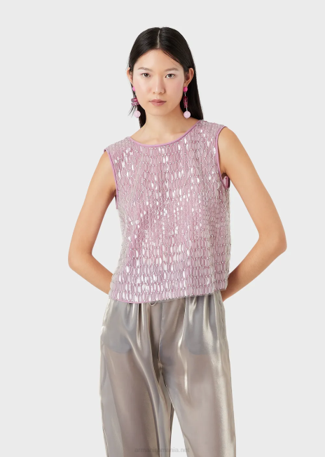 femei R802G395 top din tul brodat cu frunze transparente din paiete Armani