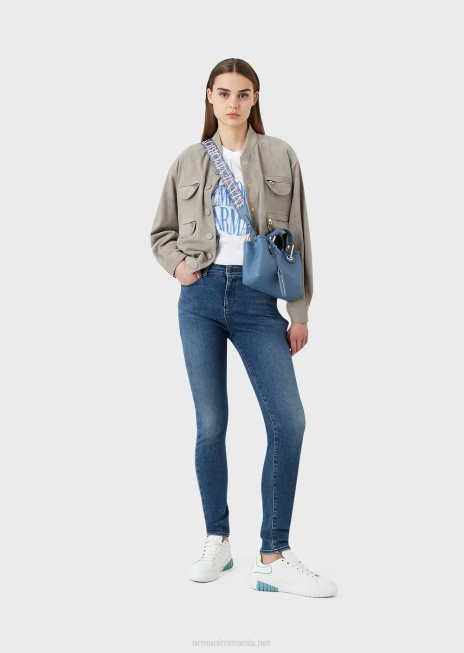 femei R802G2749 Blugi j20 cu talie înaltă, super skinny-fit, spălați cu pietre, din denim organic confortabil Armani albastru mediu