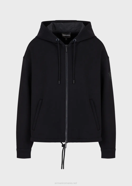 femei R802G410 hanorac din jerseu dublu, cu glugă, cu fermoar, cu logo-ul cauciucat asortat Armani albastru marin