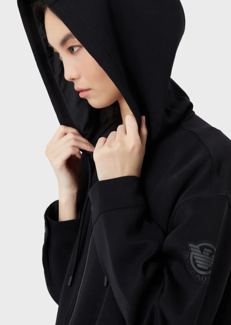 femei R802G410 hanorac din jerseu dublu, cu glugă, cu fermoar, cu logo-ul cauciucat asortat Armani albastru marin